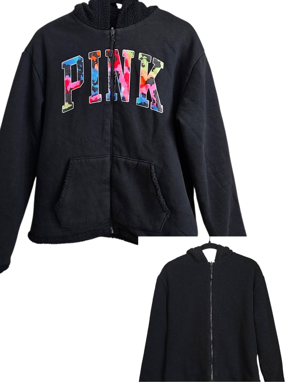 Pink Victoria's Secret Black Fully Reversible Sherpa Lined Zip Up Hoodie Med